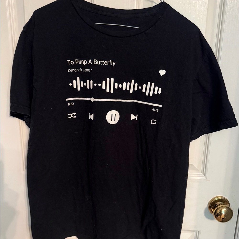 Black Tee with White Music Player Print To Pimp A Butterfly By K. Lamar, Men’s L